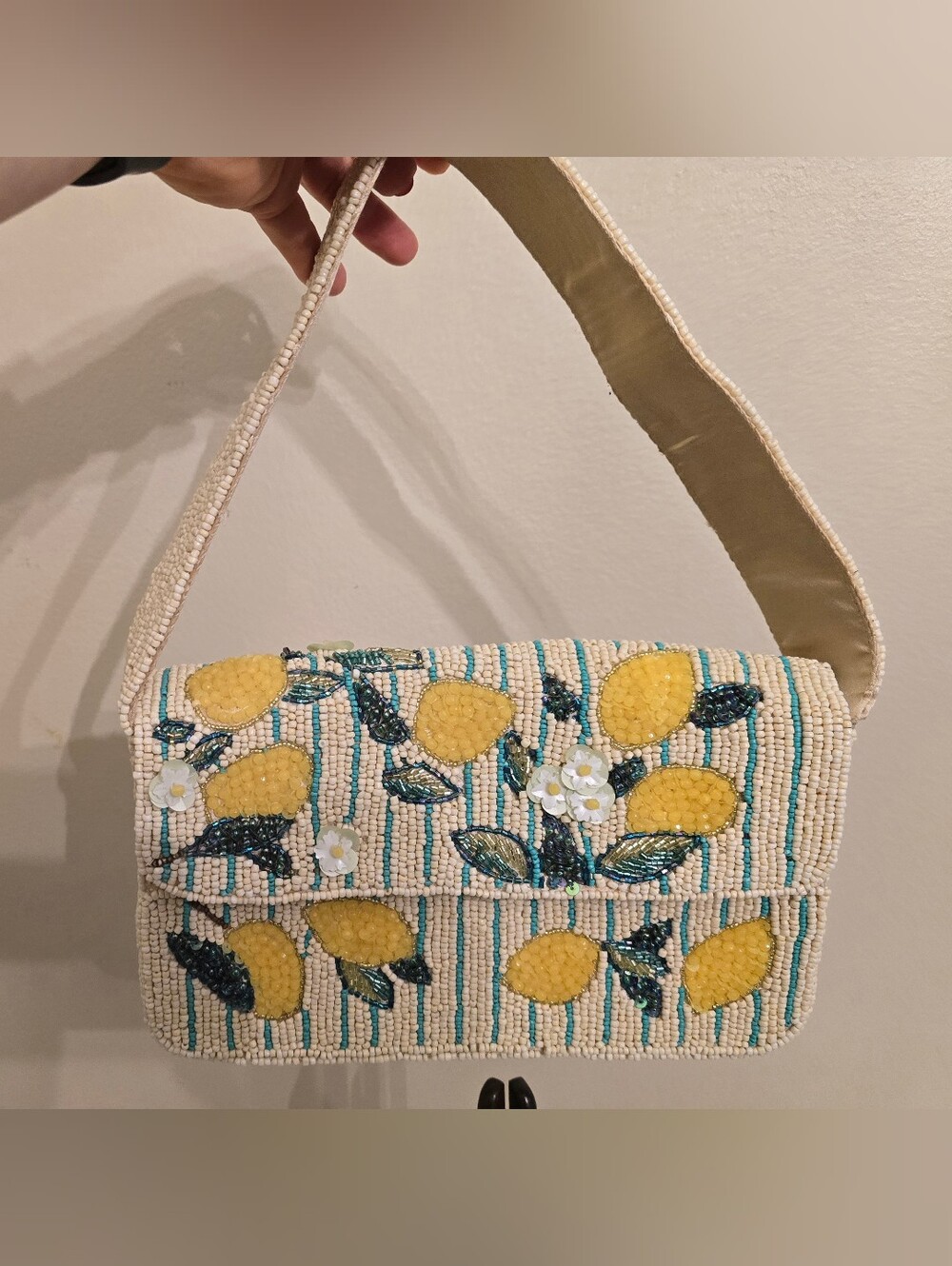 Viral Beaded Lemon Print Shoulder Bag in Yellow and Cream In New Without Tags Co